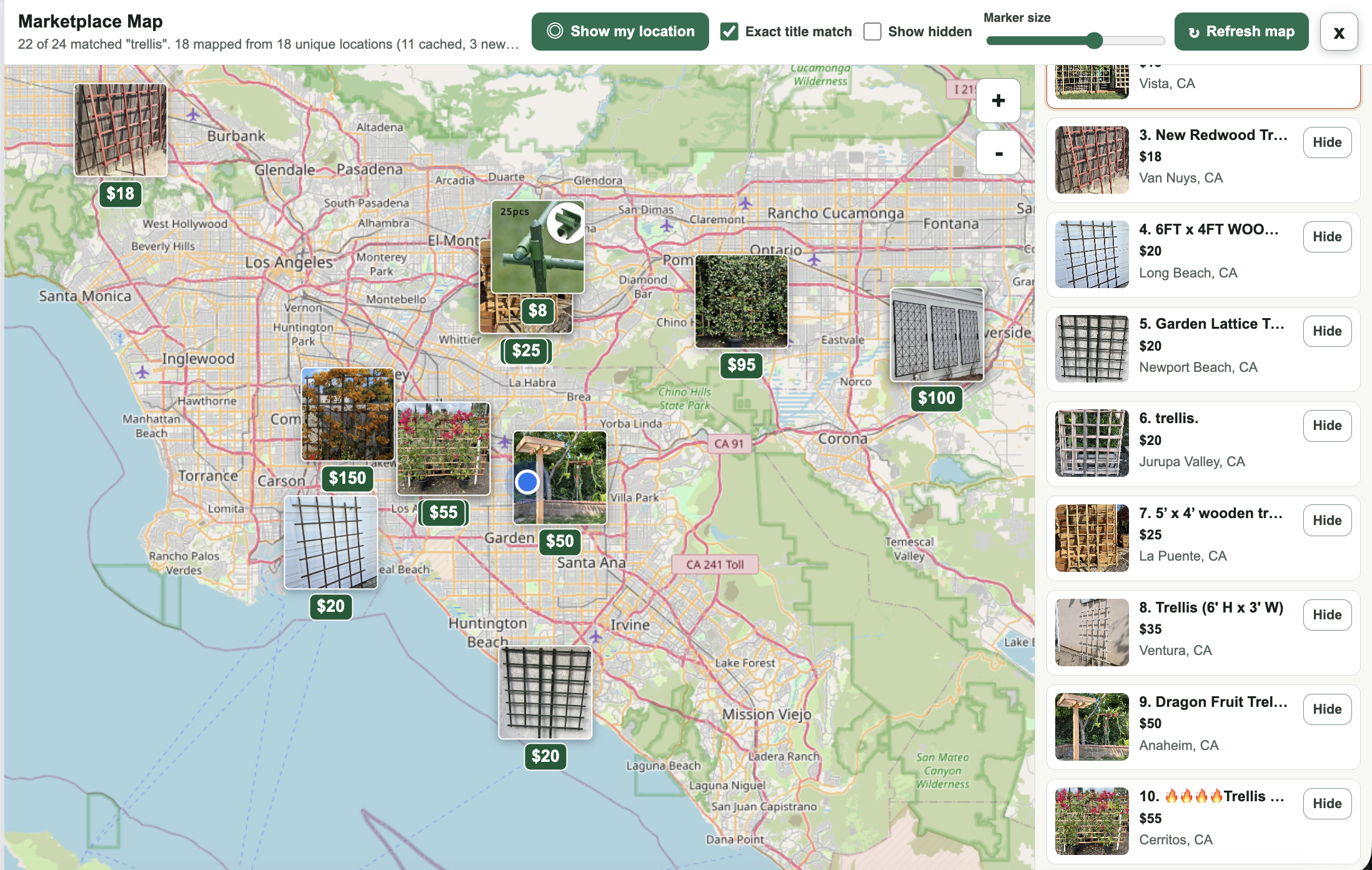 Marketplace Atlas mapping garden trellis listings